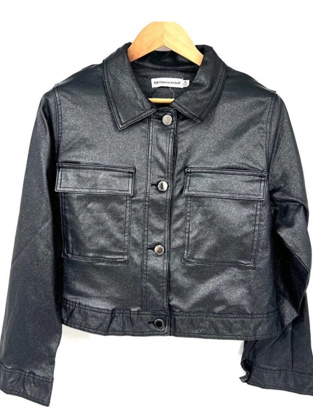 Rebecca Minkoff Jacket Women's Sz M Vegan Black Sparkle NWOT Glitter Crop Y2K